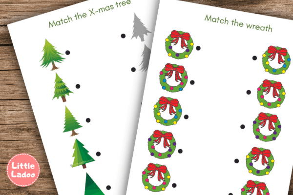 Christmas wreath and Tree matching worksheet
