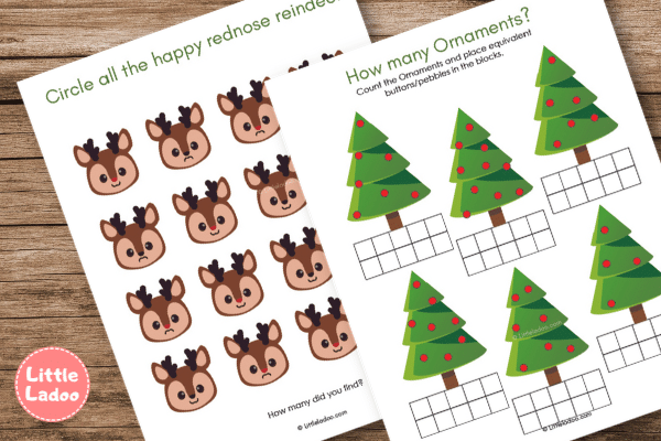 Christmas reindeer and xmas tree worksheet