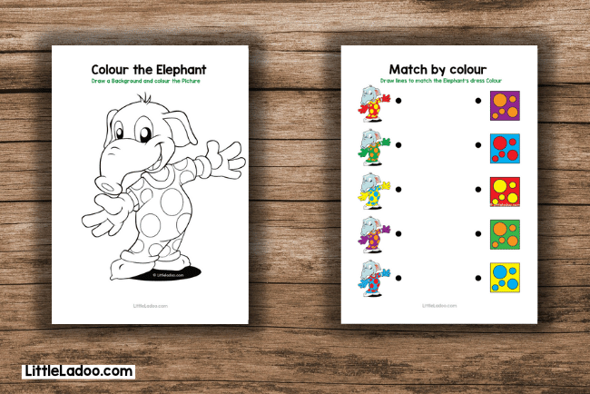 Elephant colouring page and elephant colour Matching page