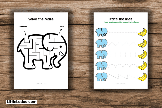 Elephant maze worksheet and Elephant tracing lines