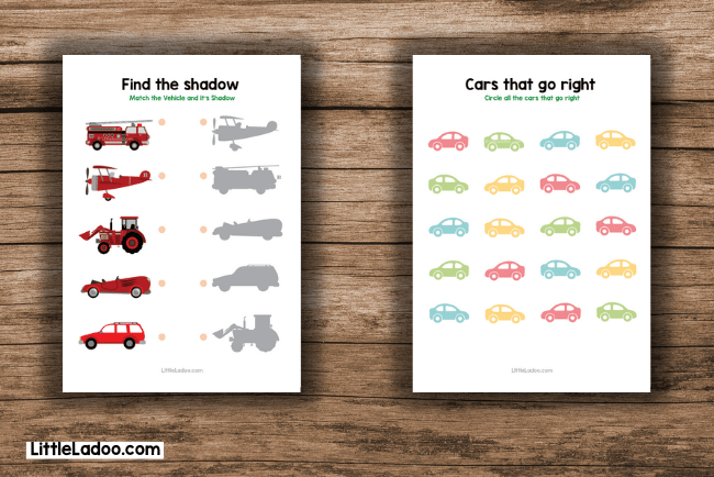 Vehicles shadow matching worksheet and cars that go right worksheet