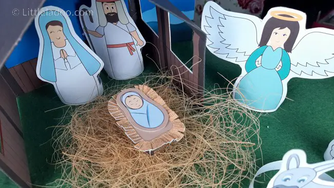 barn, manger, Mary, joseph, angel nativity scene
