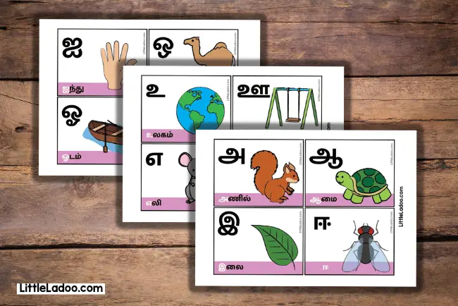 Tamil letters flashcards - letters with pictures