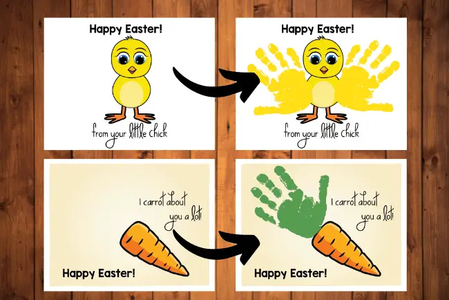 Easter handprint crafts before and after images