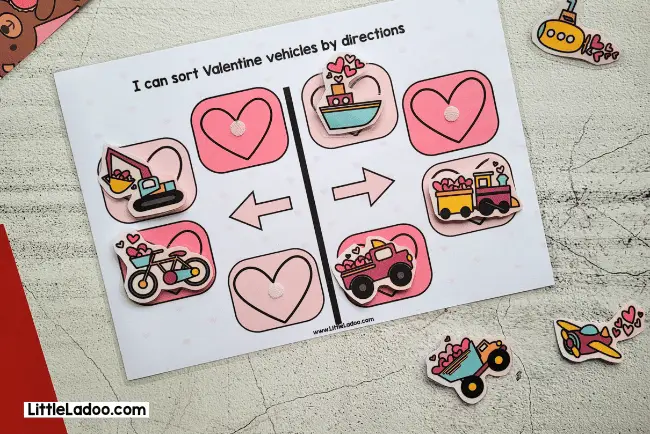 Valentine vehicles sorting by direction - Valentine busy book page