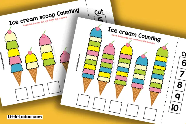 Ice cream counting worksheet. cut and paste