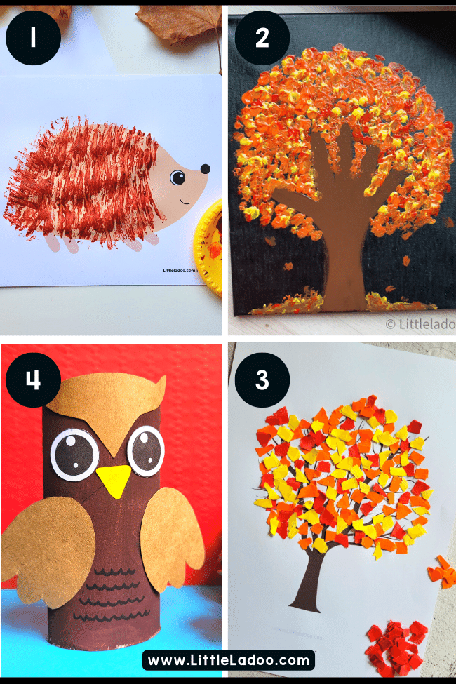 Fall crafts for kids - Hedgehog Fork painting , Fall tree carft with handprint , owl craft