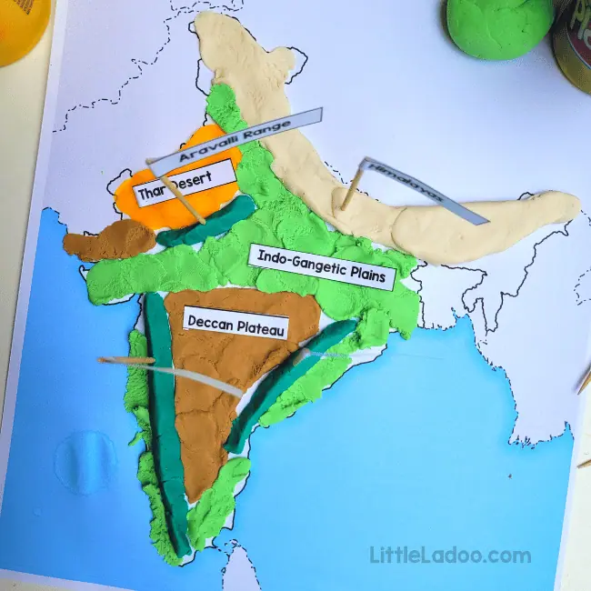 Physical Map of India with playdough