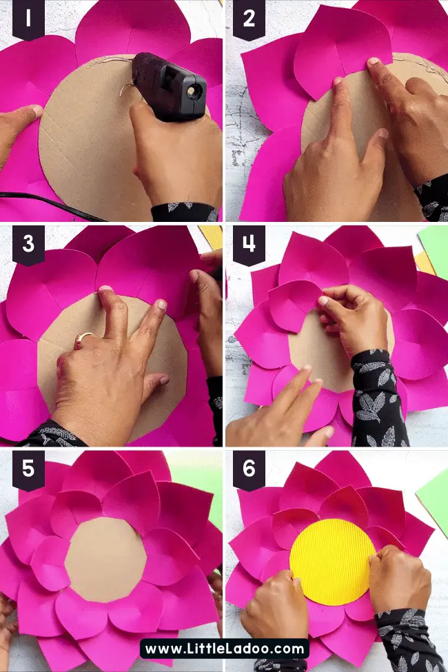 Gluing the lotus petals on the cardboard base