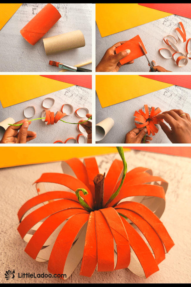 Toilet Paper Roll Pumpkin craft step by step instruction
