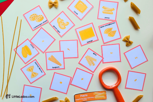 Pasta magnifying glass matching Cards 