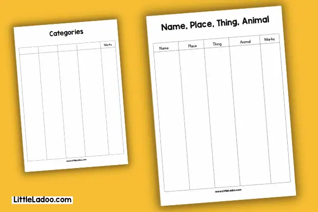 Name, place, thing, animal Free printable