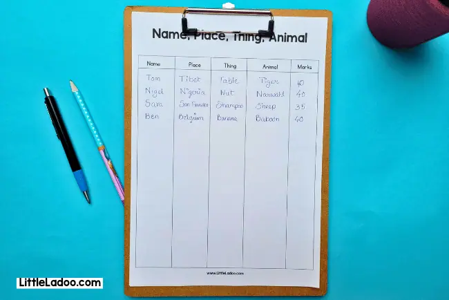 Name Place thing animal - Paper and Pen Game for kids