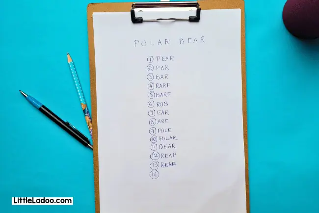 Word within a Word Paper and Pen Game for kids