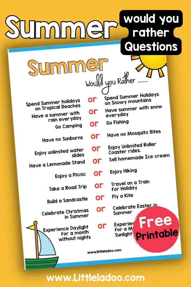 Summer Would You Rather Questions for Kids {Free Printable}