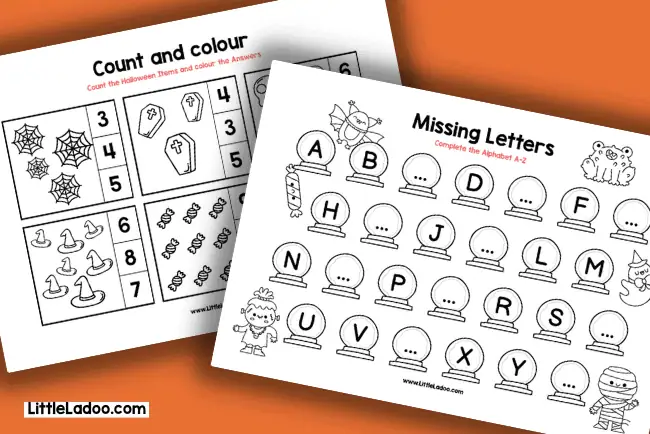 Halloween counting worksheet, A to z complete the letters worksheets